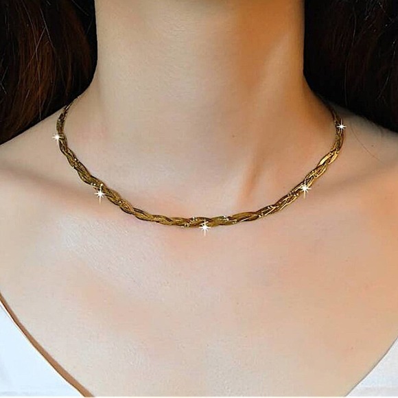 Gold North Star Herringbone Necklace, Braided, Engraved, Minimalist - Picture 2 of 4